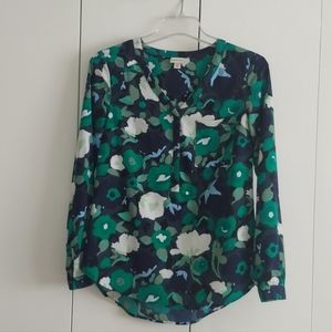 Merona Green Floral Buttoned Long Sleeve Tunic Blouse Size Extra Small